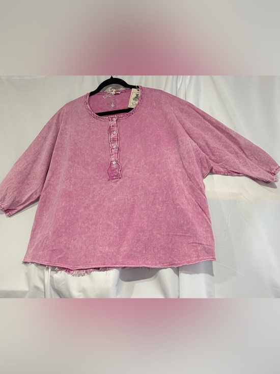 easel Tops - easel Mineral-Wash Pink Button Henley Top